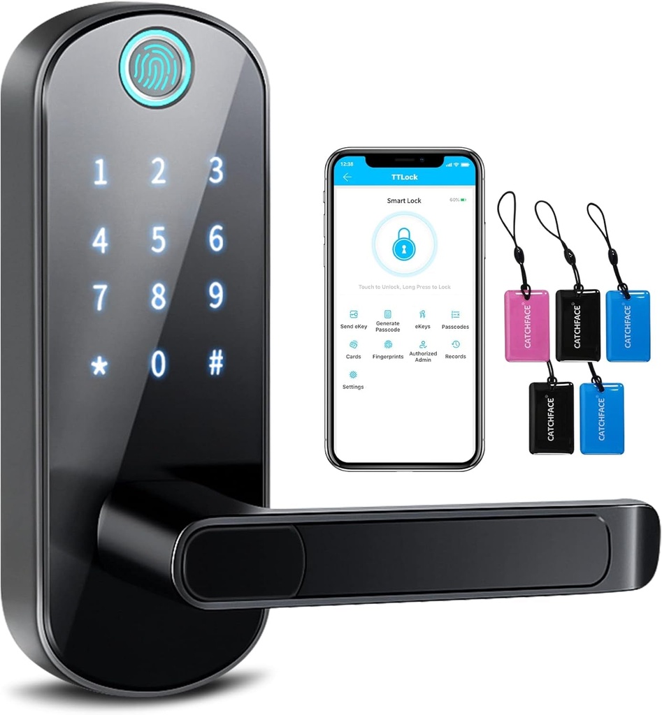 Smart Lock,Bluetooth Enabled Fingerprint and Touchscreen Electronic Door Lock|Ttlock Door Lock|Keyless Entry Door Lock|Auto Lock|Remote Share|Smart Door Lock for Front Door Office Airbnb Garage Black