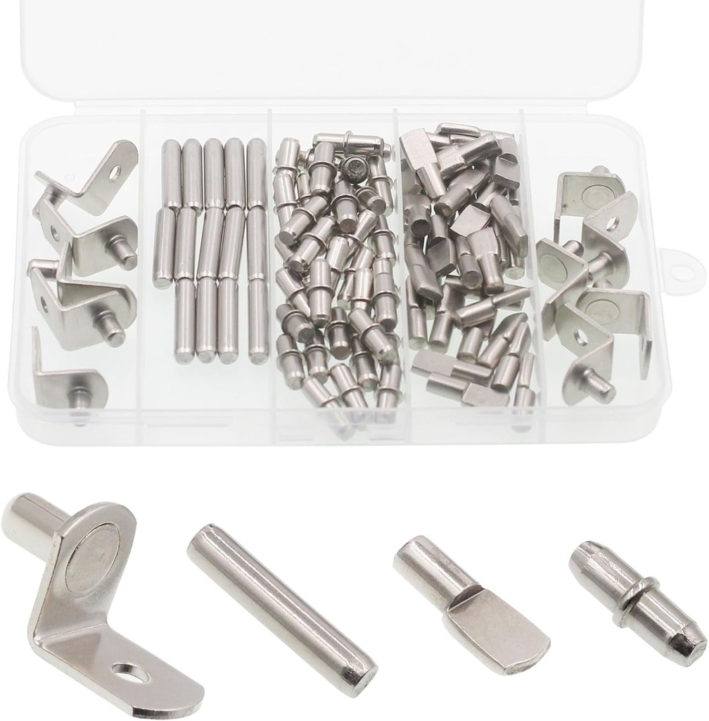 Shelf Support Pegs Kit, 94 Pcs 4 Styles Shelf Pegs, 5Mm Nickel Plated Cabinet Shelf Bracket Pegs, Shelf Pins Holders for Bookcase Kitchen Closet Shelf Shelves Furniture Cabinet