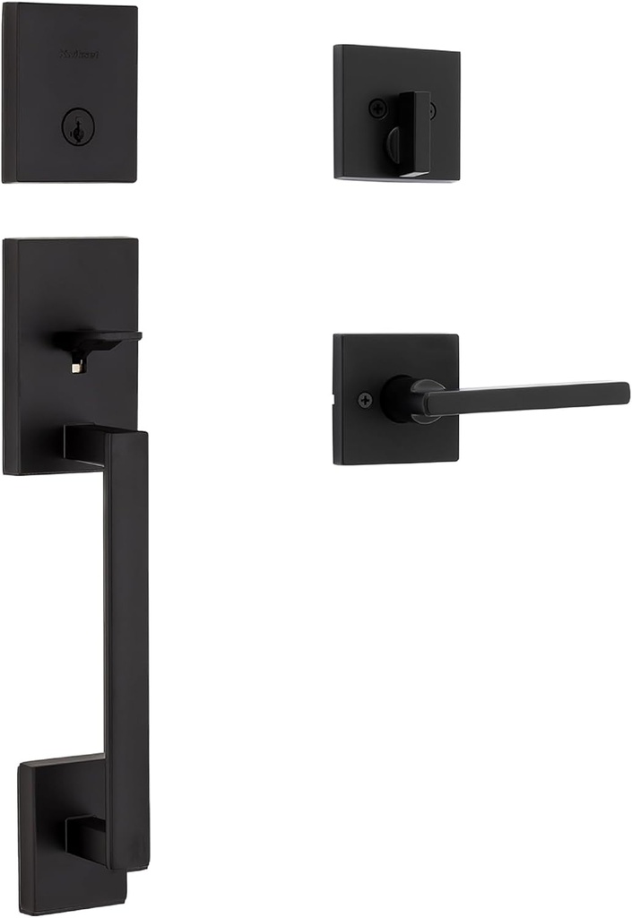 Kwikset San Clemente Front Door Lock Handle and Deadbolt Set, Entry Handleset Exterior with Interior Reversible Lever, Matte Black, Pick Resistant Smartkey Rekey Deadbolt Security