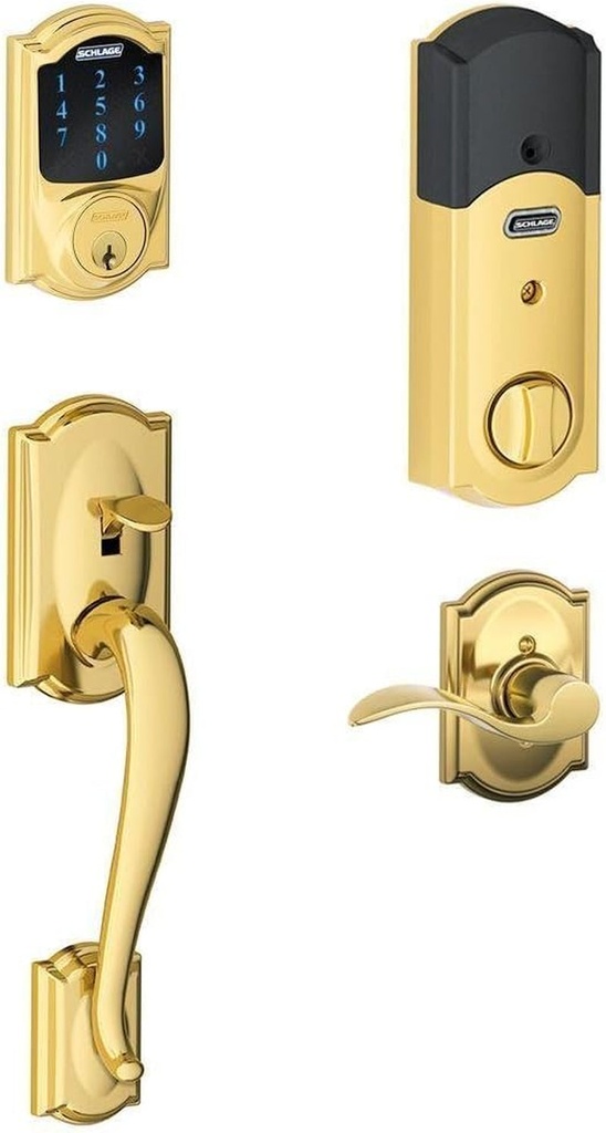 Schlage Connect Camelot Touchscreen Deadbolt with Built-In Alarm and Handleset Grip with Accent Lever, Bright Brass, FE469NX ACC 605 CAM RH, Works with Alexa