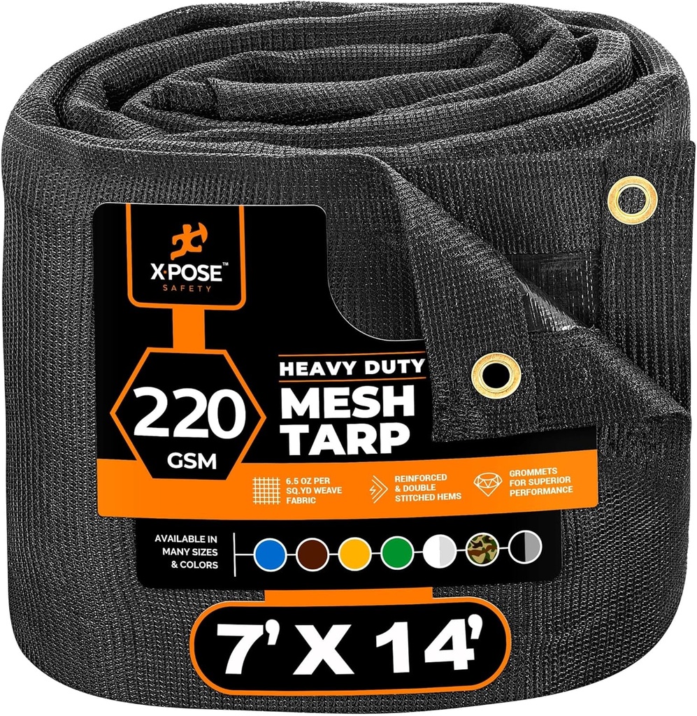 Xpose Safety Heavy Duty Mesh Tarp 7' X 14' – Multipurpose Black Protective Cover with Air Flow - Use for Tie Downs, Shade, Fences, Canopies, Dump Trucks – Weather and Tear Resistant