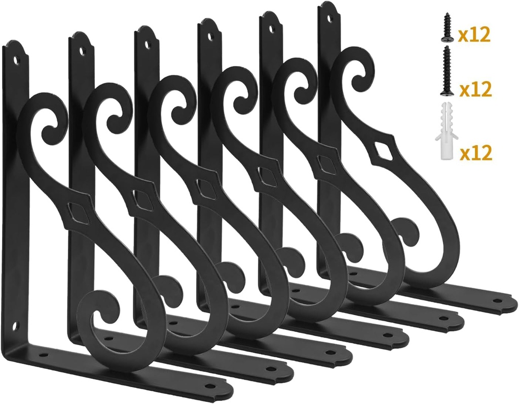 8 Inch Decorative Shelf Brackets, 6 Pack Wall Mounted Metal Shelving Brackets, Heavy Duty Shelf Supports, Rustic L Shape Brackets for Floating Shelves DIY Home Kitchen, with Screws