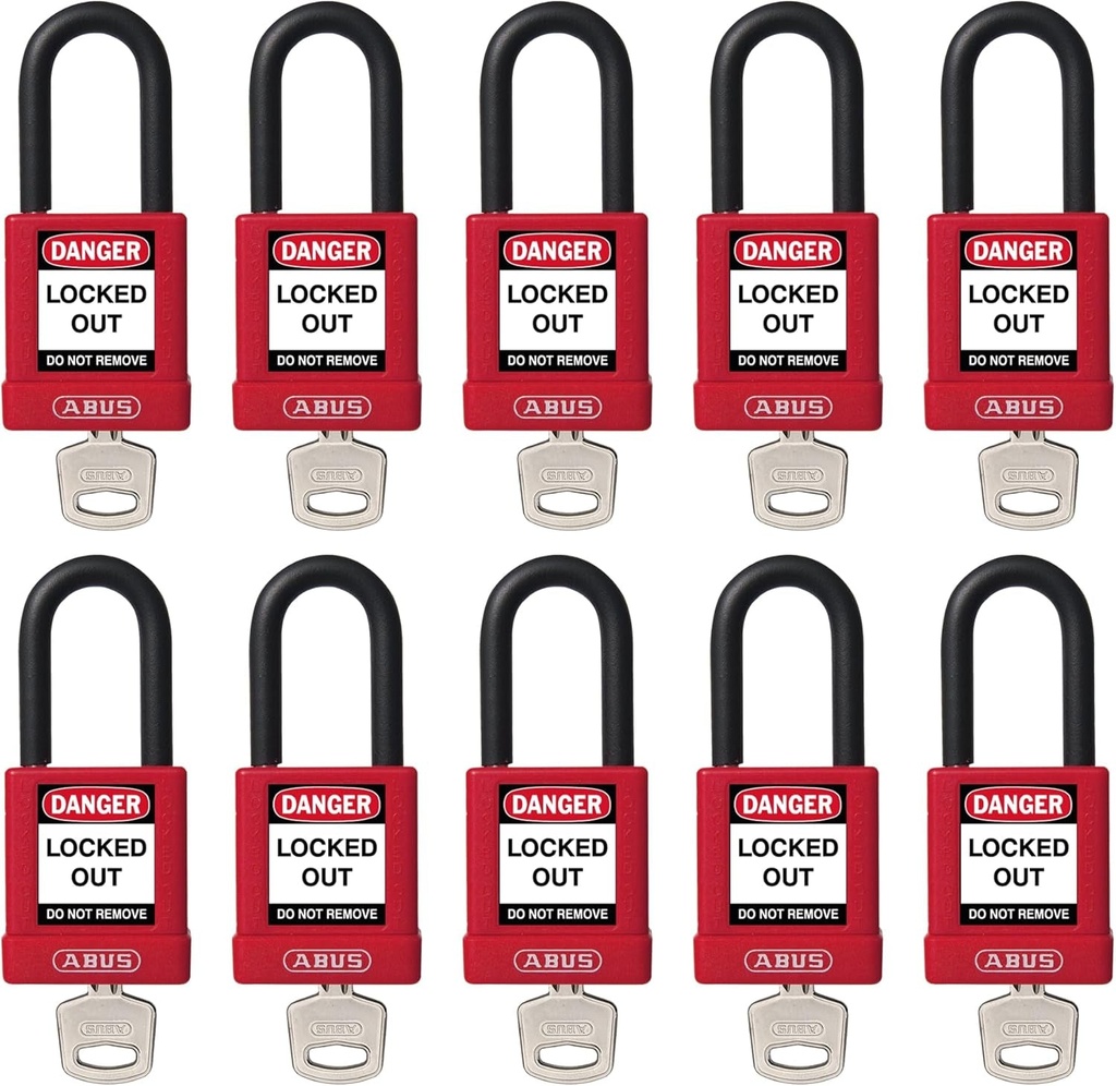ABUS Red Pack of 10 Lockout Tagout Premium Solid Body Safety Padlock Set - OSHA Compliant Loto Locks Insulated against Electric Shock, Keyed Different, 1 Key per Lock