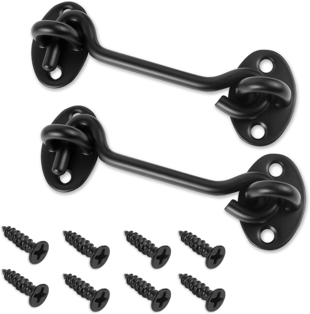 2 PACK 4" Barn Door Latch Hook,Hook and Eye Latch for Door with Mounting Screws,Black Coated Anti-Rust Gate Latch for Window,Gate,Wooden Fence,Barns,Garage Door Security and Privacy (A-Black)