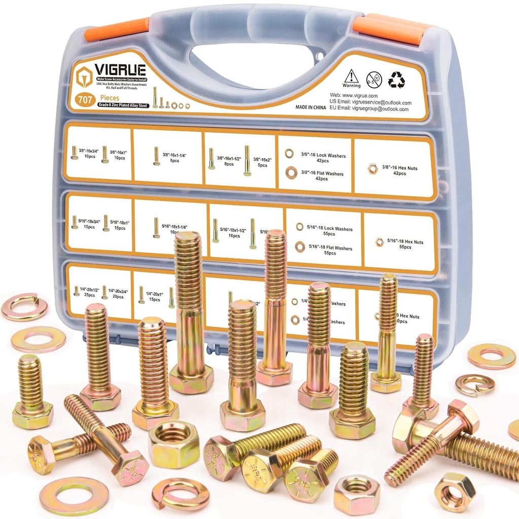 707PCS Bolts and Nuts Assortment Kit with Portable Container, VIGRUE 1/4-20 5/16-18 3/8-16 UNC Hex Bolts Screws Assorted Set Grade 8 Heavy Duty Bolts Nuts Washers 15 Sizes, Length 1/2" to 2"