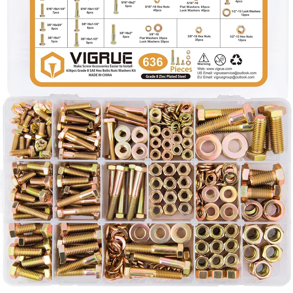 VIGRUE 636PCS Grade 8 Bolt Assortment Kit, 1/4-20, 5/16-18, 3/8-16, 1/2-13 Heavy Duty SAE Bolts and Nuts Washers Kit