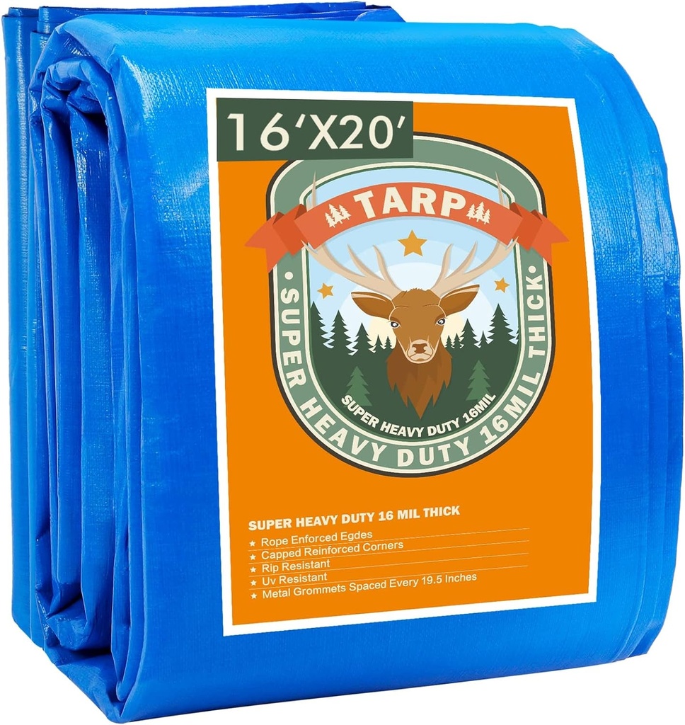 Blue Tarp, Tarps Heavy Duty Waterproof 16X20, Waterproof Plastic Poly 16 Mil Thick Tarpaulin with Metal Grommets Every 19.5 Inches - Emergency Rain Shelter, Outdoor Cover, and Camping Use