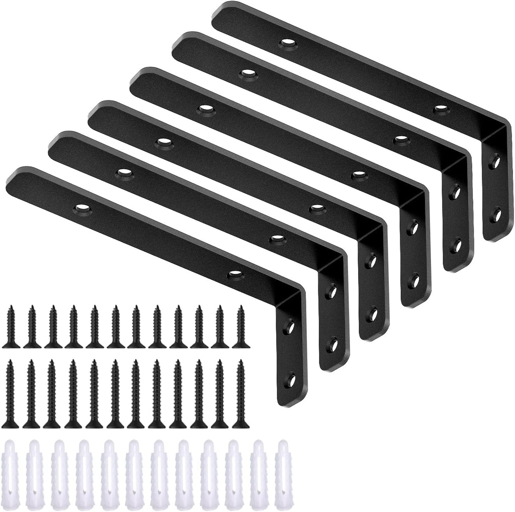 LSK 6PCS L Bracket, Heavy Duty Metal Corner Bracket, 5"×2"(125×50Mm) Shelf Support Bracket Max Load : 42Lb, Joint Angle Bracket for Wooden Board, Black