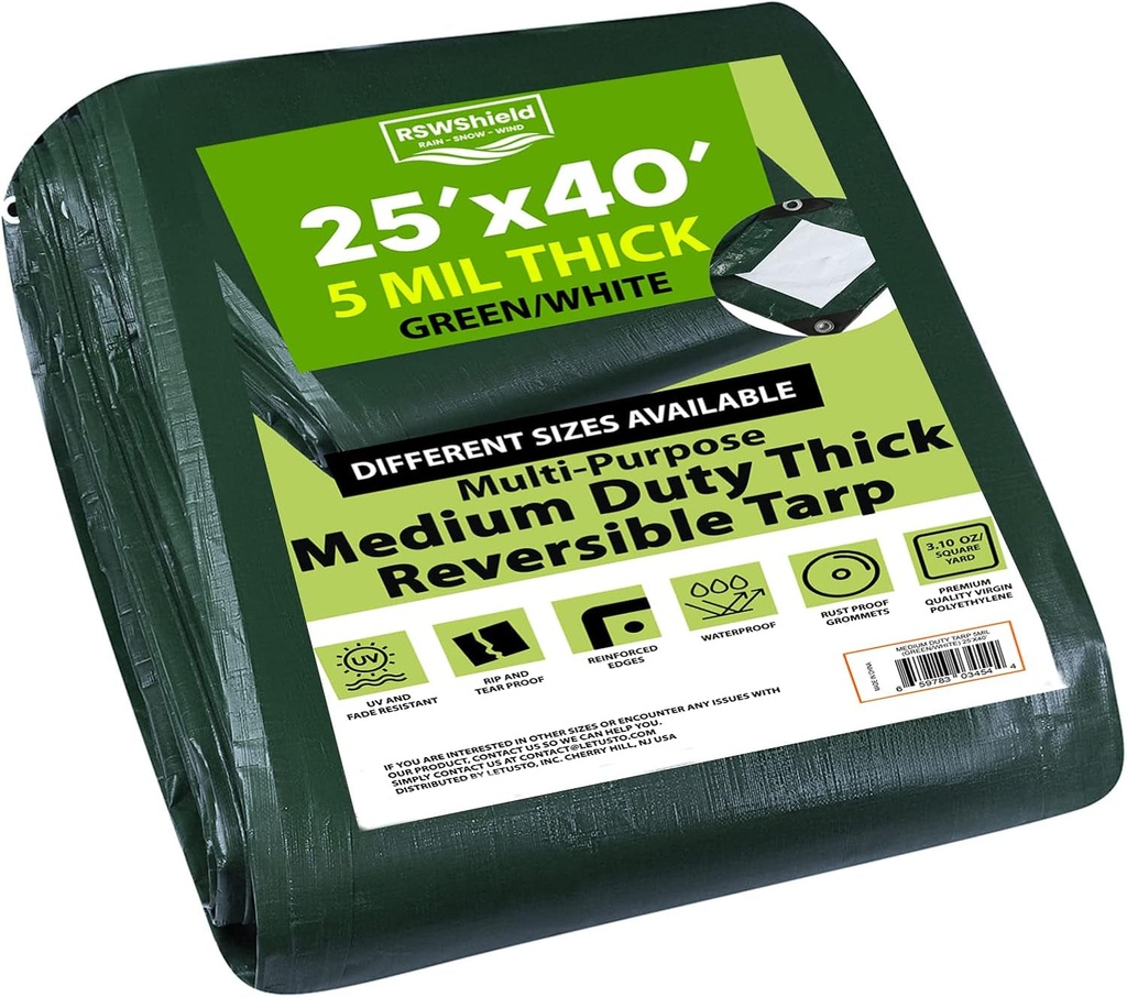 Medium Duty Waterproof 5 Mil. Reversible (Hunter Green/White) Tarp Cover, UV Resistant, Rip and Tear Proof Tarpaulin with Reinforced Edges - for Roof, Camping, Patio, Pool Cover, Boat (25'X40')