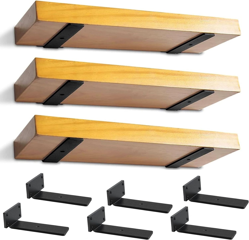 Heavy Duty Floating Shelf Brackets - 1/5 Inch Thick Industrial Black Metal L Brackets, Premium Solid Steel Shelf Supports for Shelves - 5 Inch Heavy Floating Shelves Hardware (6Pcs)