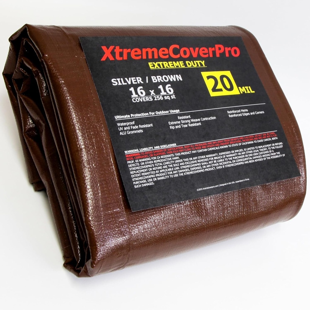 16' X 16' Large Multi-Purpose Waterproof Light Weight Heavy Duty Poly Tarp Grommets Every 24", 20 Mil 16X16Thick, for Home, Boats, Cars, Camping, UV Resistant, Rip/Tear Proof Tarpaulin