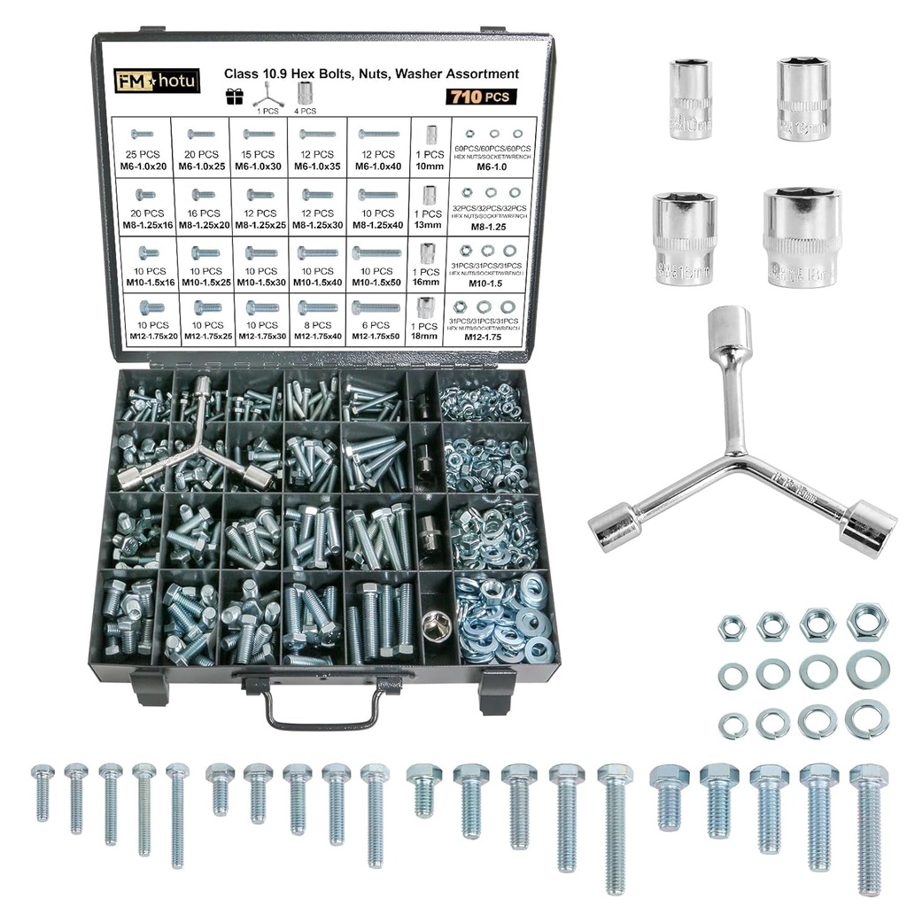 710Pcs Nuts and Bolts Assortment Kit, Metric Grade 10.9 Hex Bolts Nuts Washers Set, M6 M8 M10 M12, 21 Sizes, Comes with 1 Y-Wrench and 4 Bits