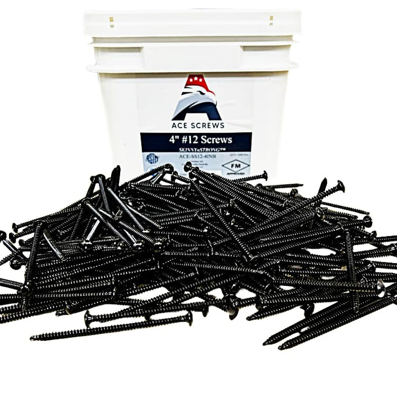 Ace Screws #12 4" (1,000Pc) FM Approved Skinnynstrong Roof Fastener - Black, Self Tapping into Metal and Wood Roof Decks, Corrugated Roofing, Commercial, Insulation, EPDM, TPO