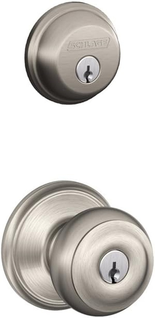 SCHLAGE Satin Nickel FB50N V GEO 619 B60 Single Cylinder Deadbolt and F51 Entry Georgian Knob Keyed Alike, Finish, Security Set