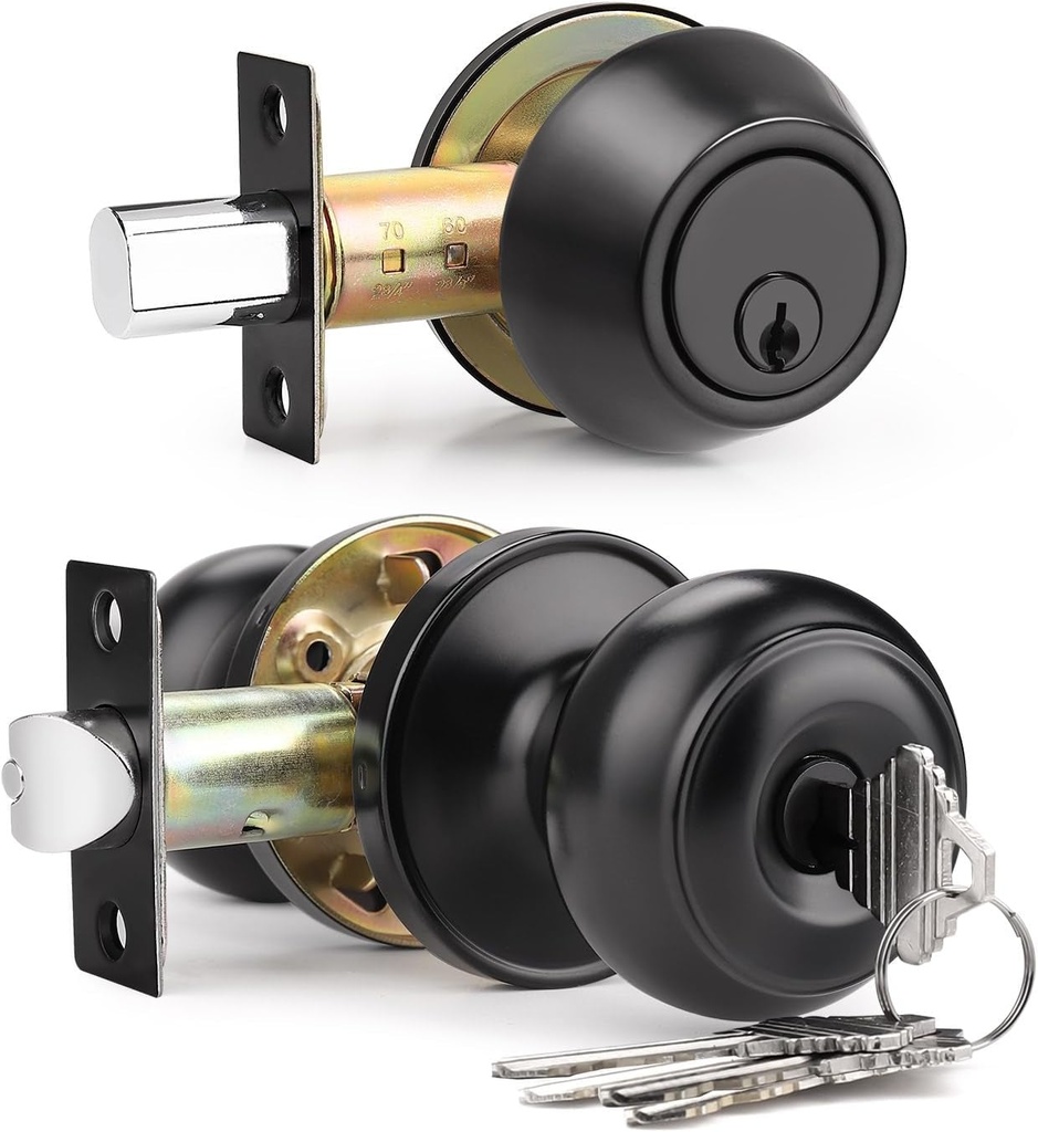1 Pack Keyed Alike Front Door Knob and Deadbolt Set, Entry Door Locksets with Single Cylinder Deadbolt, Matte Black Flat round Door Lock Set for Bedroom/Office/Exterior Doors