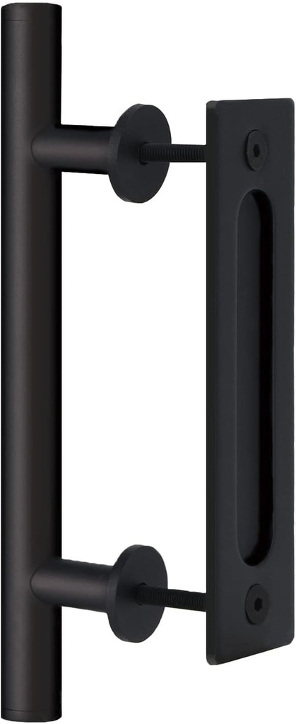 HOME MASTER HARDWARE Heavy Duty 12" Sliding Barn Door Handles, Pull and Flush Handle Set for Gates Garages Sheds Furniture, round Rustic Two-Side Flat Back-Plate Design, Black Powder Coated Finish