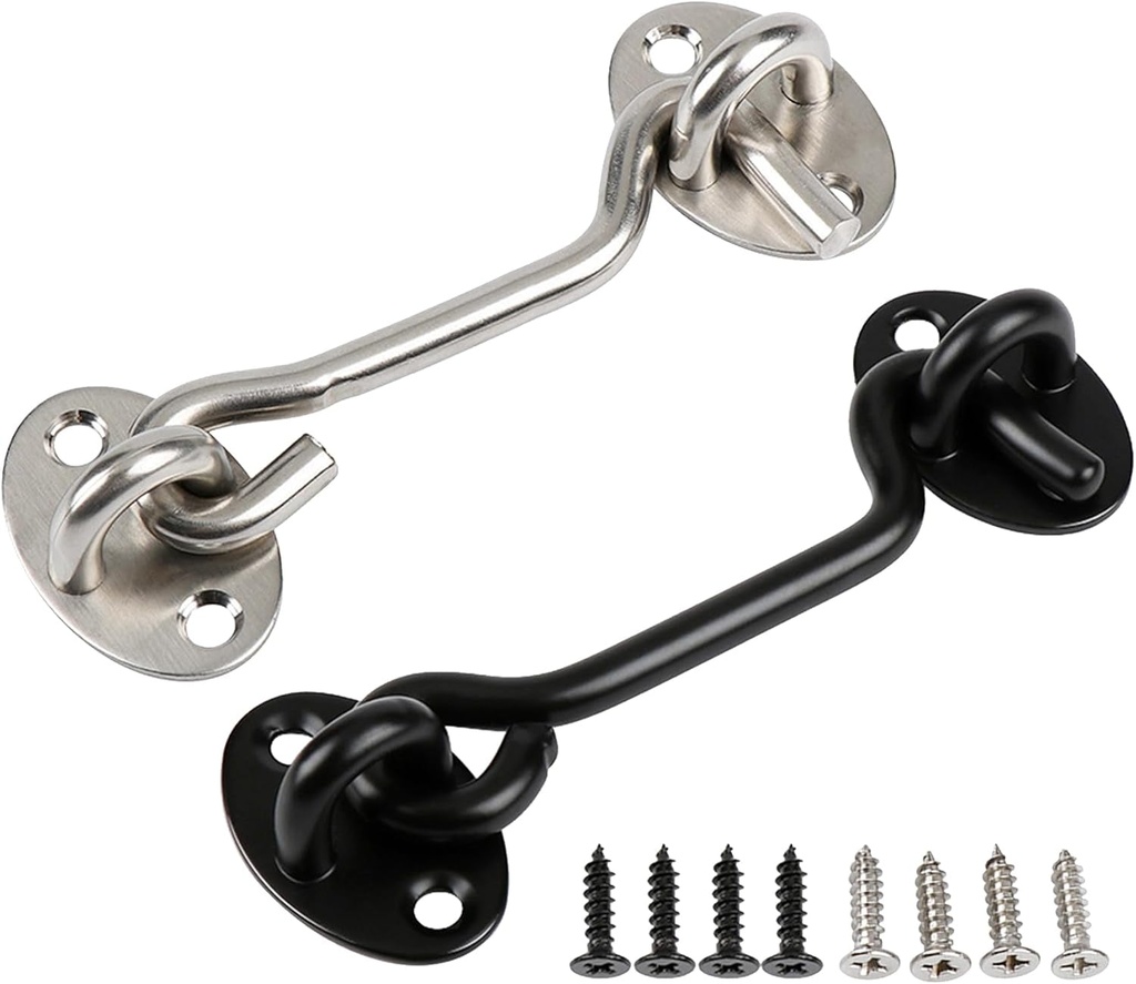 2 Packs 3"/4"/6" Privacy Hook and Eye Latch Easy Lock for Barn Door, Stainless Steel Gate Latch, Cabin Hook Latches,Black+Silver