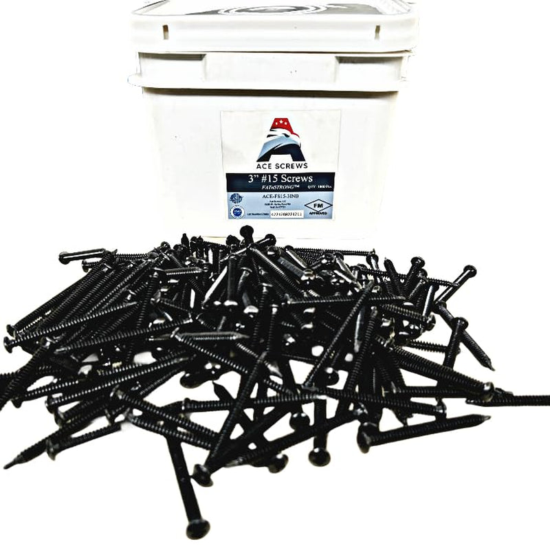 Ace Screws #15 3” (1000Pc) FM Approved Commercial Roofing Fasteners Black, Self Tapping into Metal and Wood Roof Decks, EPDM, TPO, Insulation, Goes with Ace Screws Plates to Meet All Roofing Tasks