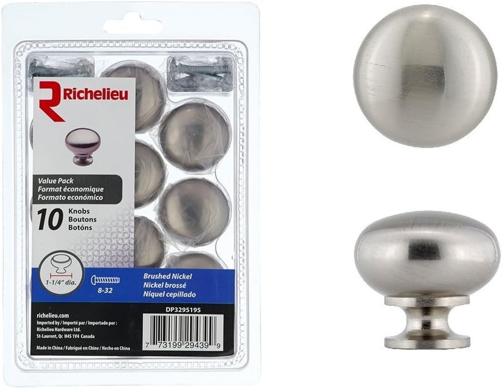 Richelieu Hardware DP3295195 (10-Pack) Buffalo Collection 1 1/4-Inch (32 Mm) Brushed Nickel Modern Cabinet and Drawer Knob for Kitchen, Bathroom, and Furniture