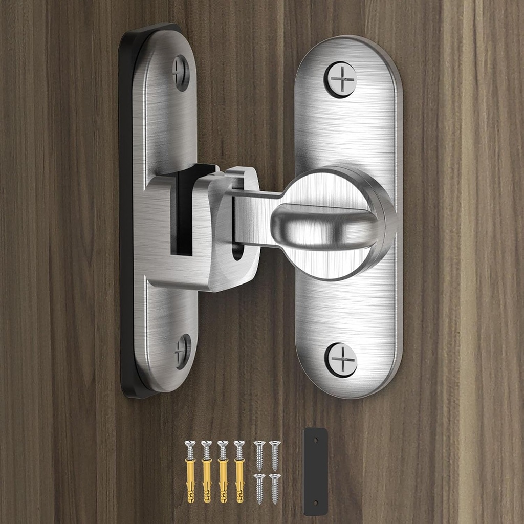 Barn Door Lock – Small 90/180 Degree Flip Sliding Door Latch Heavy Duty Bar Gate Latches Safety Slide Door Lock for Bathroom, Garden, Bedroom, Cabinet (Silver-1Pack)