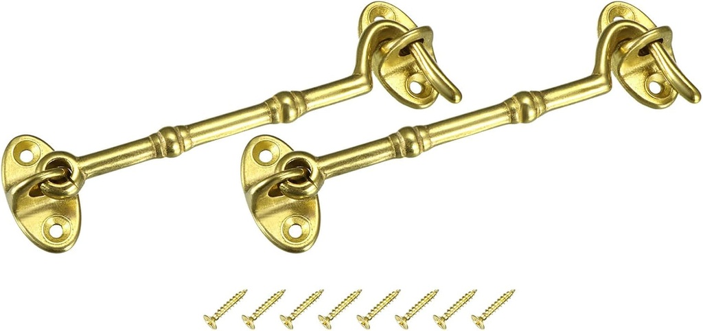 METALLIXITY Cabin Hooks and Eye Latch (6X105Mm) 2Pcs, Brass Door Lock Latch with Mounting Screws - for Home Window Door Gate, Golden Tone