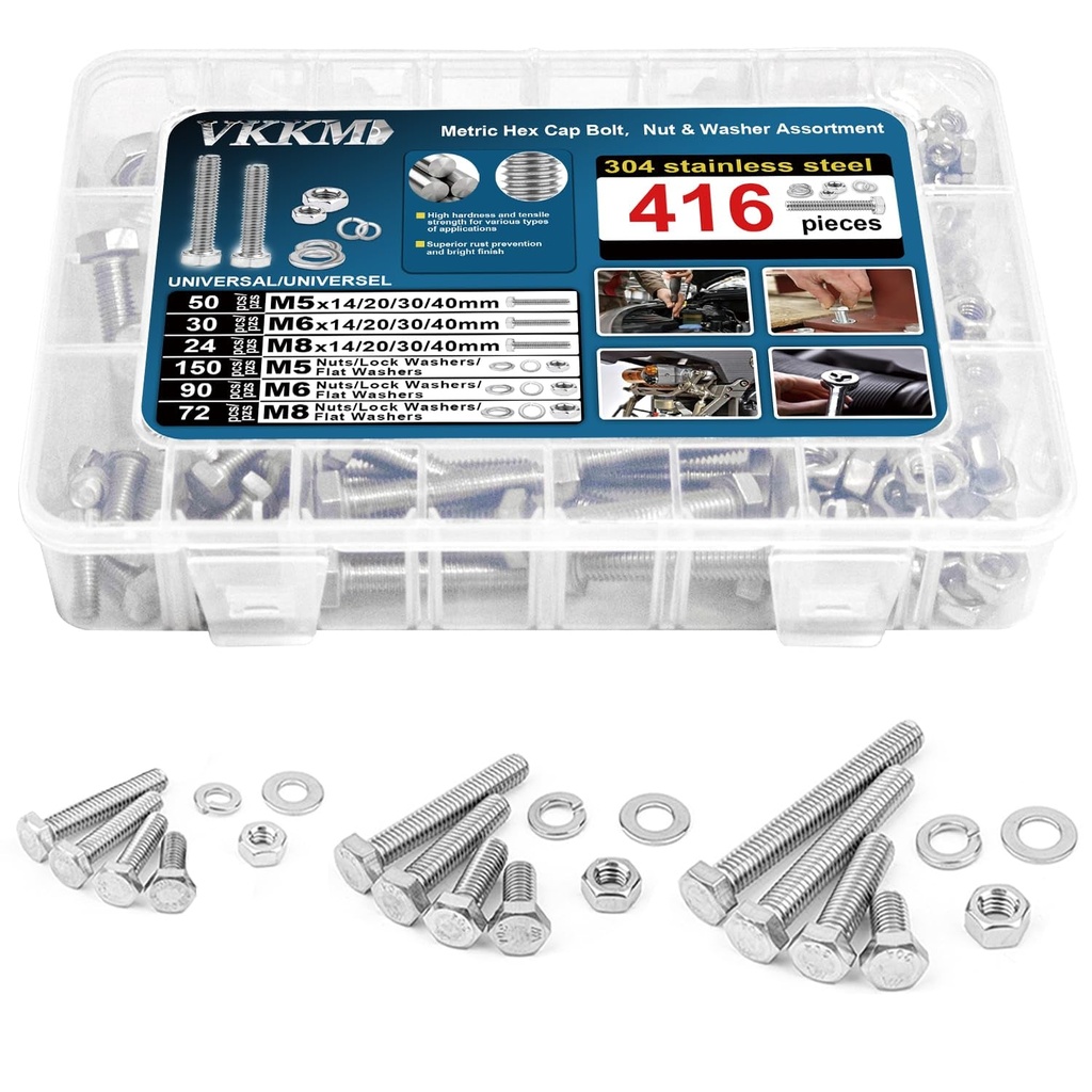 416 Pcs Stainless Steel Hex Cap Bolt and Nut Assortment Kit, Assorted Metric Screws, Nuts & Washers Set, M5/M6/M8, Reusable Storage Case with Adjustable Dividers