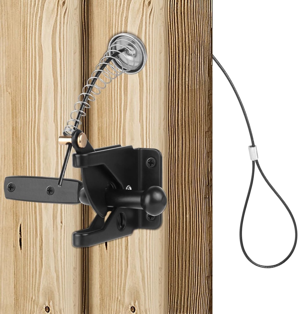 Gate Latch, Self Locking Door Latche with Stainless Steel Spring Cable Pull, Heavy Duty Gate Latch for Wooden Fence, Post Mount Gate Lock for Outdoor Vinyl/Wood Fence
