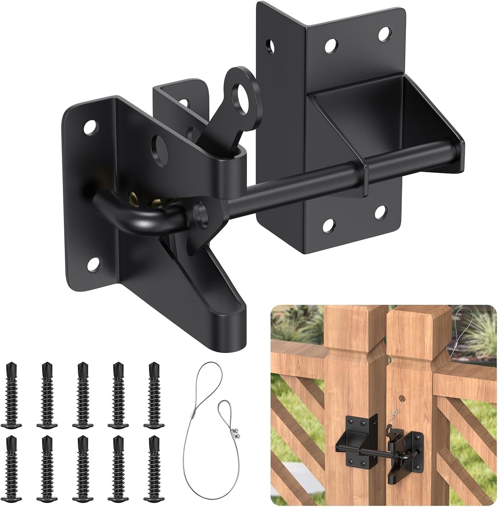 Automatic Gate Latch for Wooden Fences, Self Locking Heavy Duty Gate Latch for Vinyl Fence Outswinging Pool Gate Door Latches, Black