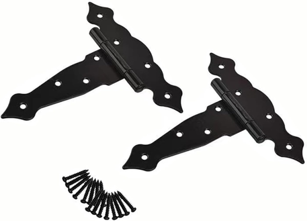 2 Pack 5 Inch T-Strap Heavy Duty Shed Door Hinges Gate Strap Hinges Black Fancy Tee Hinge Wrought Hardware for Wood Shed Barn Door Fence Gate Swing Yard Door