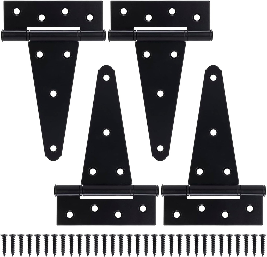 6 Inch T-Strap Gate Hinges, Shed Barn Door Hinges Heavy Duty, Black Tee Hinges for Wooden Fences, Yard Gate, Wrought Hardware Iron Rustproof (4Pack/Set)