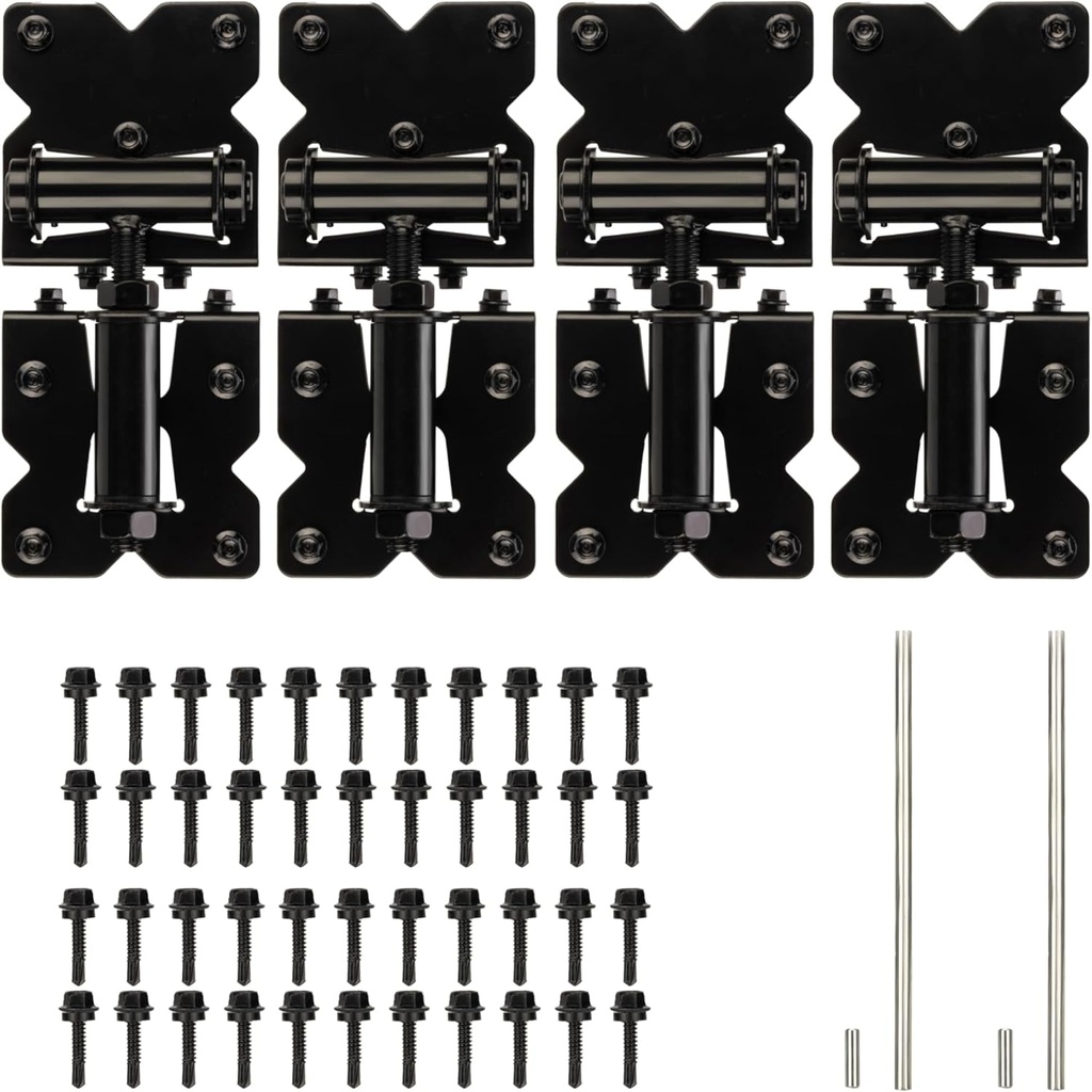 Non-Weld Self Closing Gate Hinges Adjustable Heavy Duty Hardware 90 Degree Gate Hinges Kit for Wood/Vinyl/Metal/Outdoor Fence, with Self-Tapping Screws and Swing Adjuster Tool, 4-Pack