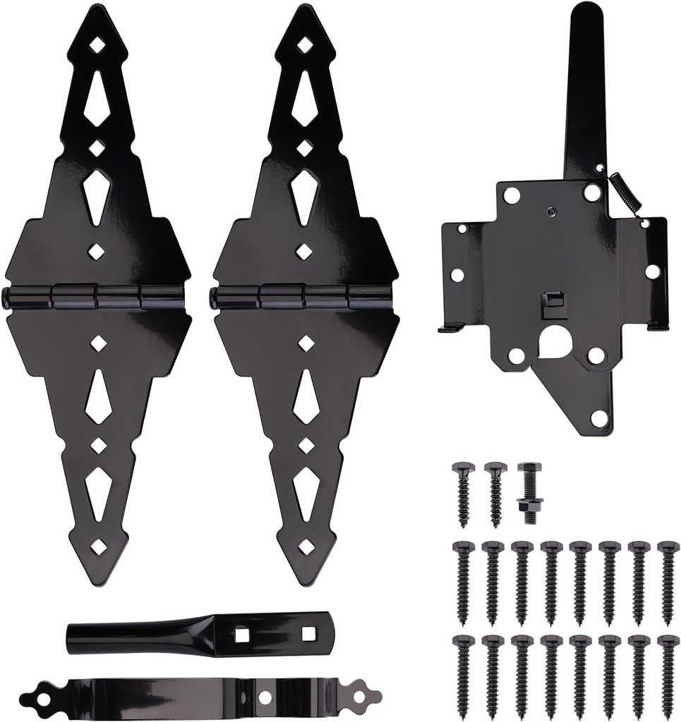 Gate Hinge and Latch Set - High Durability Outdoor Gate Hardware Kit, Post Mount Gate Latch for Wooden Fence