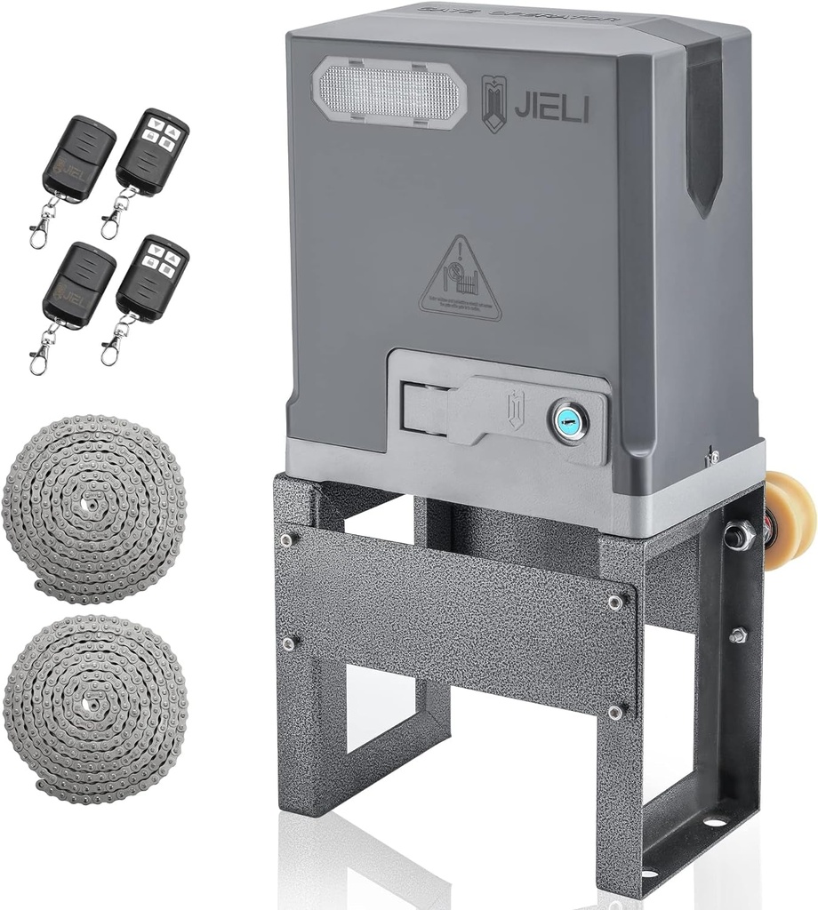 JIELI 3300 Lb Automatic Sliding Gate Opener with 4 Remote Controls, Electric Rolling Driveway Slide Gate Motor, Complete Gate Operator Hardware Security System Kit for Sliding Gate up to 40 Feet