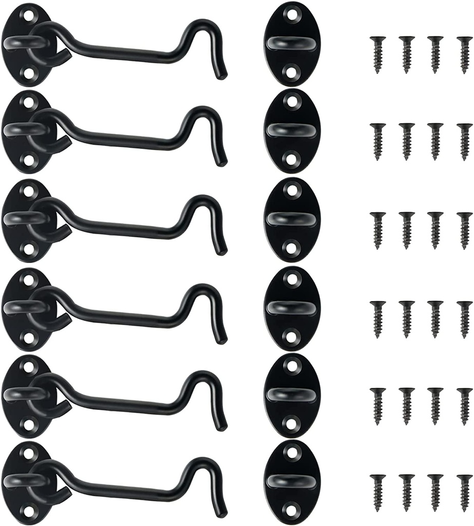 4" Hook and Eye Latch 6-Pack, Heavy Duty Solid Stainless Steel Cabin Privacy Hooks Latch with Mounting Screws for Barn Doors, Bathrooms, Sliding Doors, Sheds, Blinds, Bedrooms. (Black)