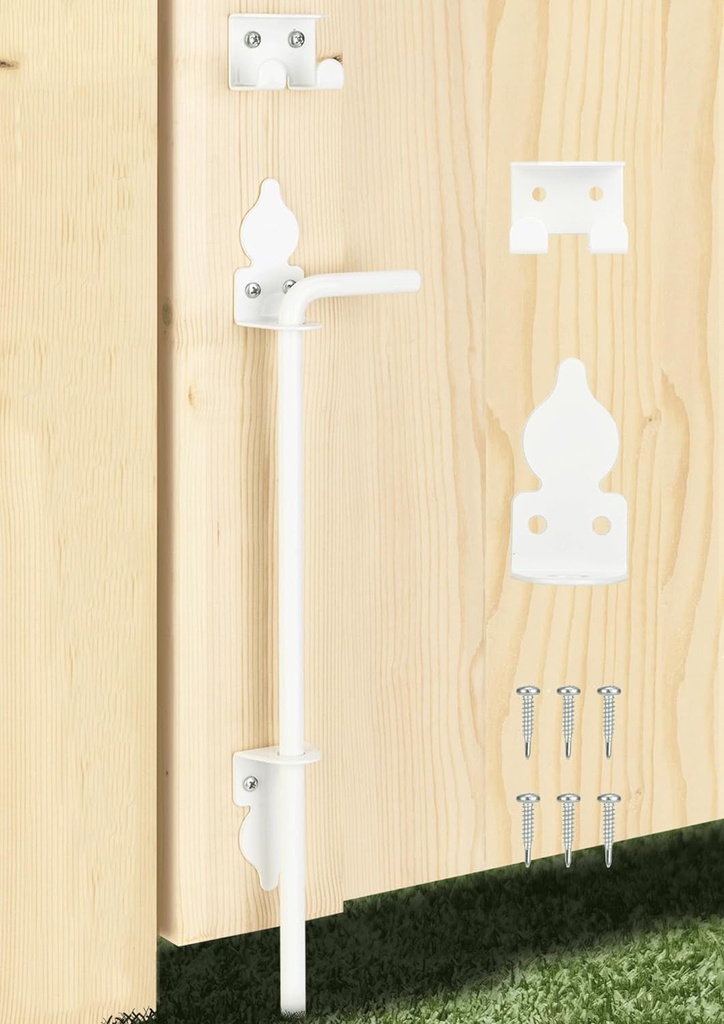 18" Heavy Duty Cane Bolt Gate Drop Rod Hardware Ground Latch for Wood PVC Vinyl Metal Fences Gates, Double Doors, White Solid Steel -1 Pack