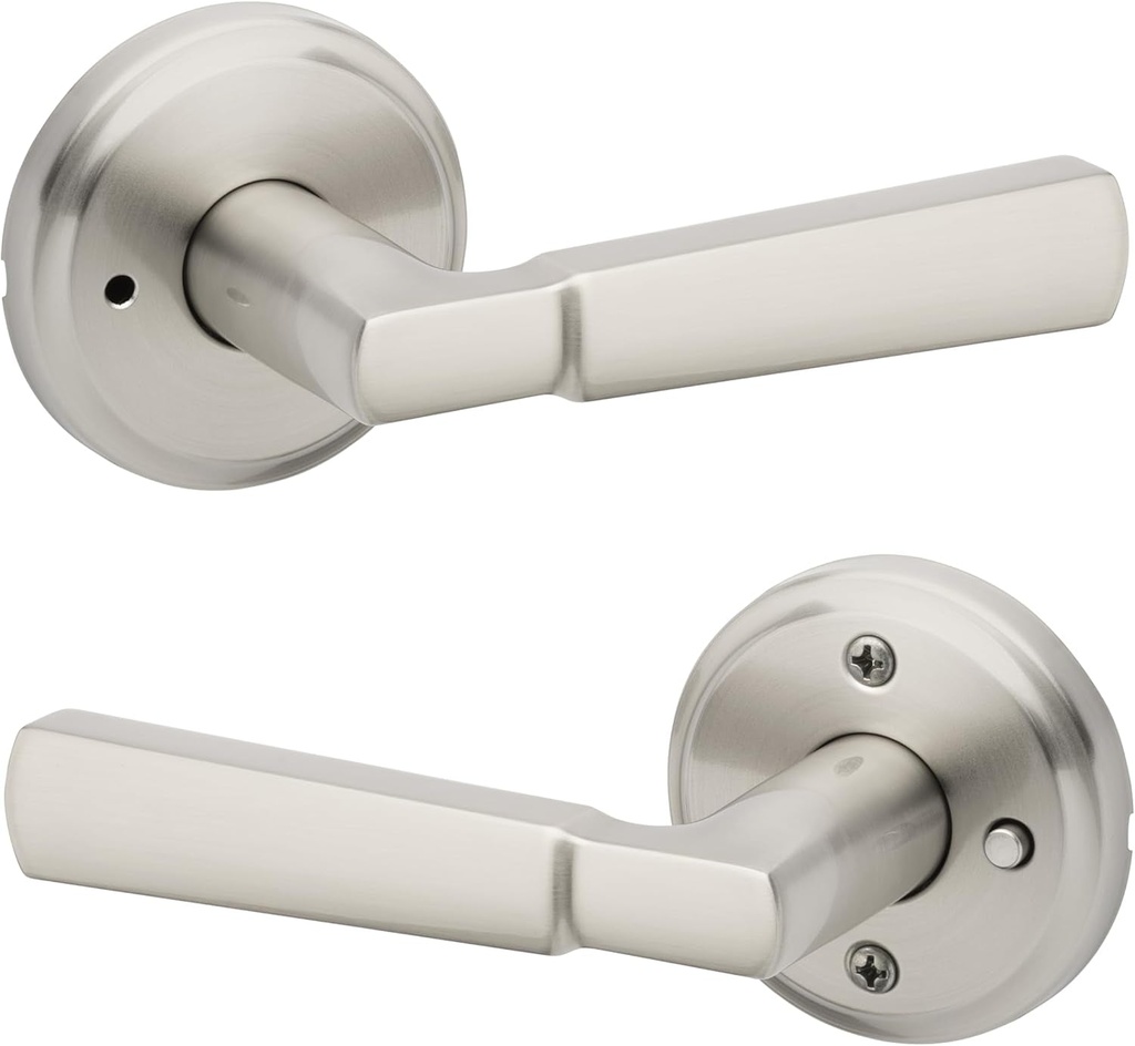 Kwikset Perth Interior Privacy Door Handle with Lock, Door Lever for Bathroom and Bedroom, Satin Nickel, Reversible Keyless Push Button Lock Door Lever, with Microban Protection