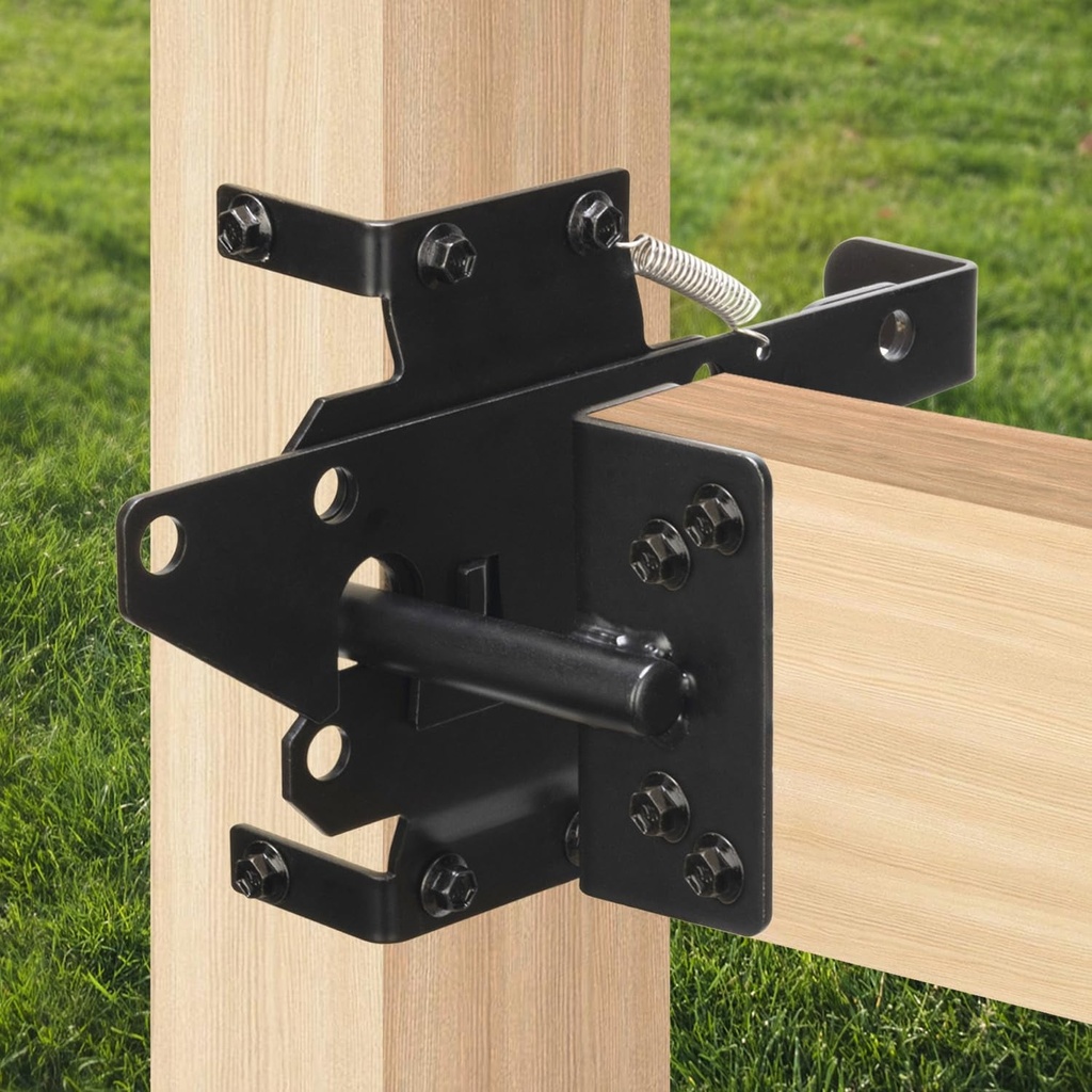 Self Locking Gate Latch for Wooden Fence, Heavy Duty Post Mount Automatic Gate Lock Gravity Door Latch Hardware for Secure Pool/Yard/Garden, Steel, Black Finish