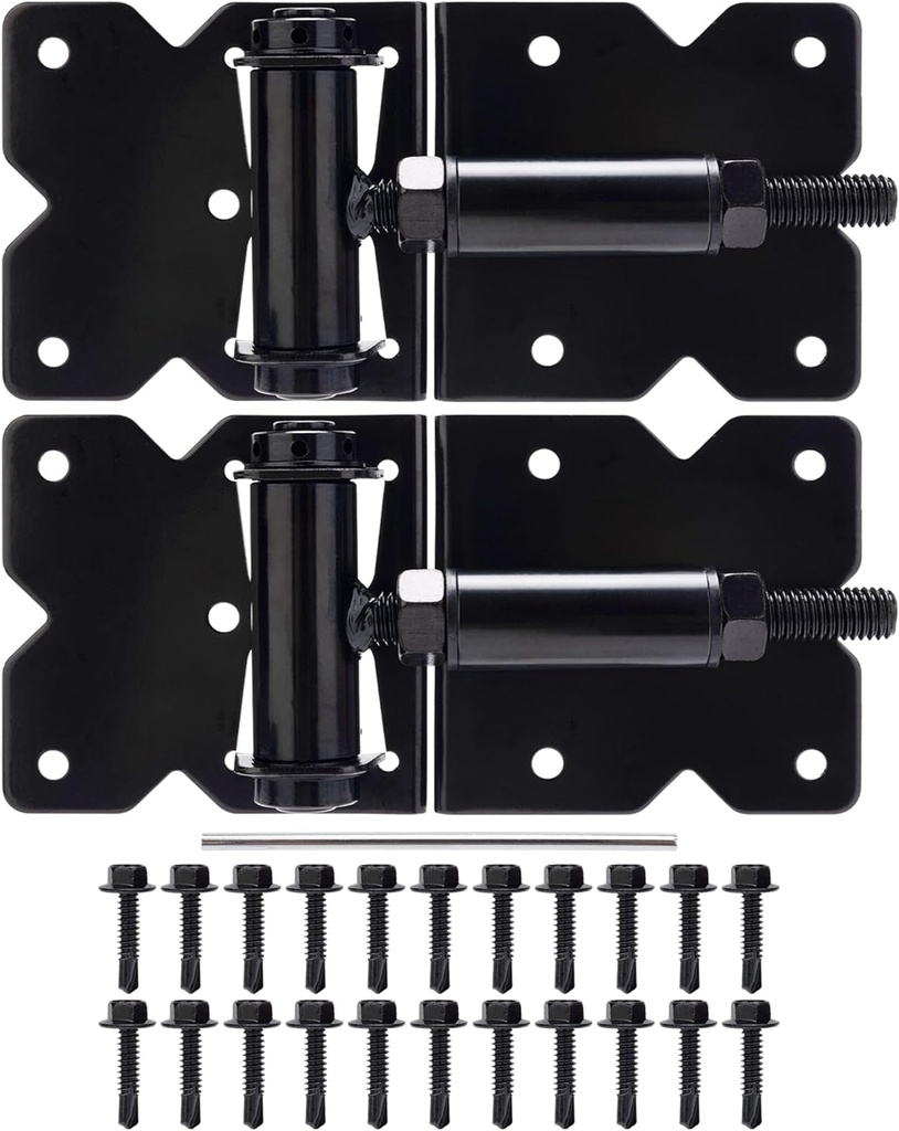 Self Closing Gate Hinges Heavy Duty for Vinyl/Wooden Fence Gates, 90 Degree Adjustable Self Closing Hardware Hinges, Black Finish, Screw Kits and Swing Adjuster Tool Included, 2 Pack