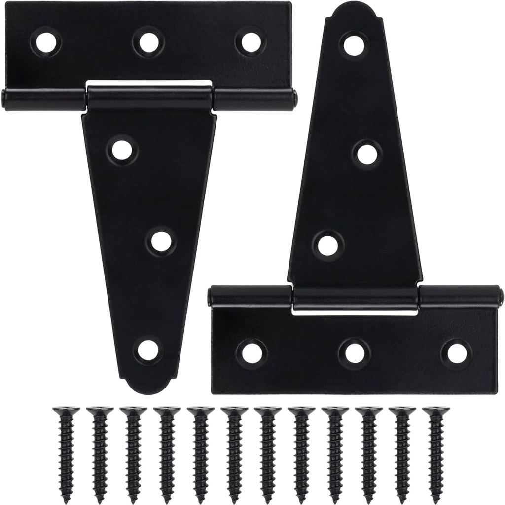 4 Inch T-Strap Gate Hinges, Shed Barn Door Hinges Heavy Duty, Black Tee Hinges for Wooden Fences, Yard Gate, Wrought Hardware Iron Rustproof (2Pack/Set)