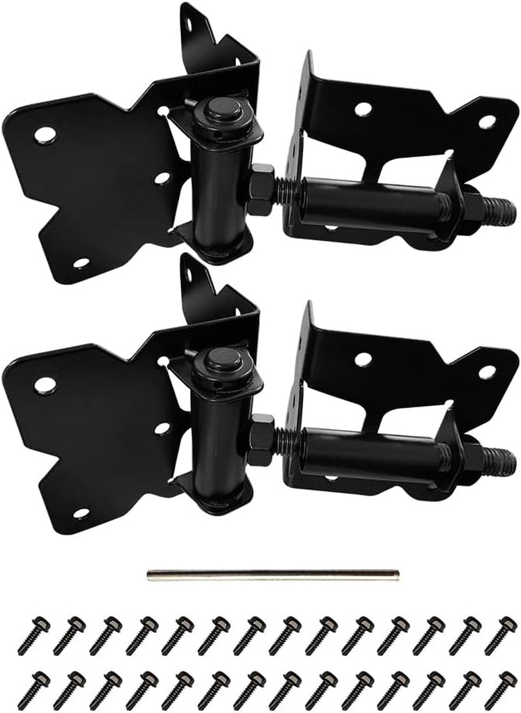 2 Pack Self Closing Gate Hinges for Wooden/Vinyl/Pvc Fences, Heavy Duty Hinges Adjustable Tension 90 Degree with Installation Screws and Swing Adjuster Tool (Black, 2 Pack)