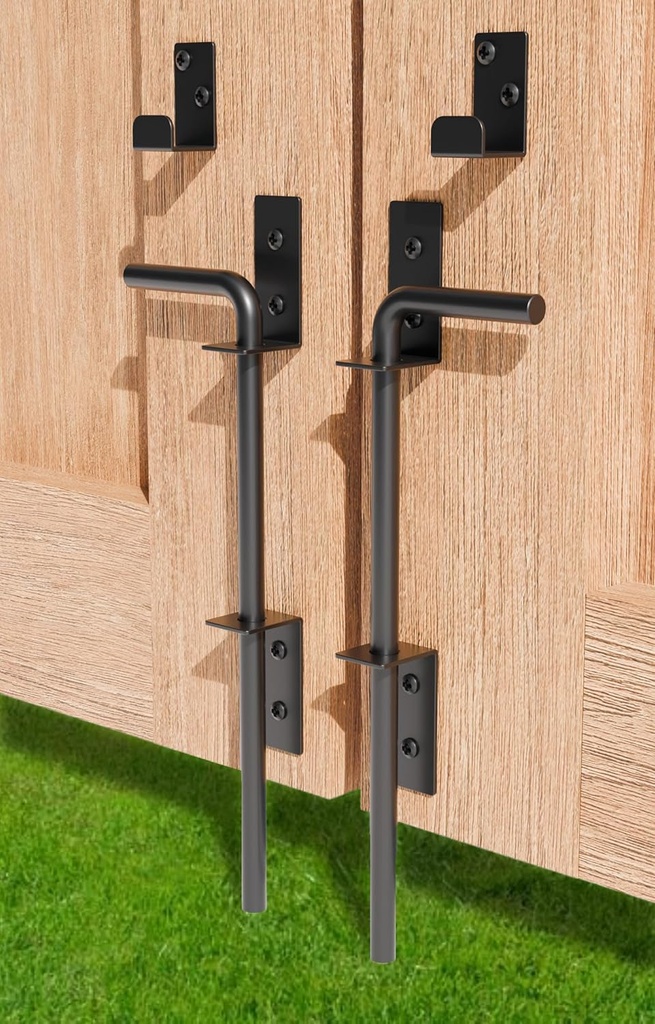12" Heavy Duty Cane Bolt Gate Drop Rod Extra Thick Hardware Ground Latch for Wood PVC Vinyl Metal Fences Gates, Double Doors, Black Solid Steel-2 Pack