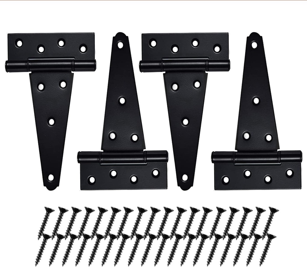 6 Inch T-Strap Heavy Duty Shed Door Hinges，4 PCS Black Wrought Hardware Rustproof Gate Hinge for Wooden Fence,Barn Door Gates,Yard Door