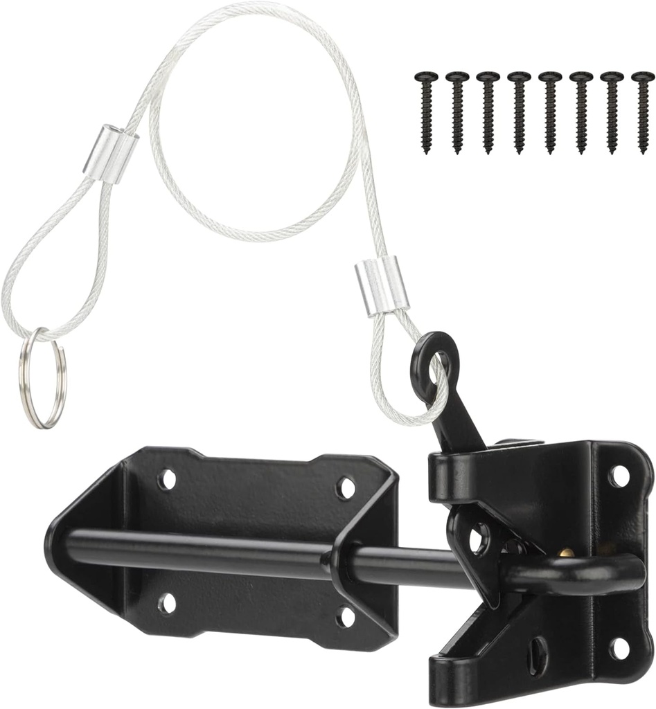 Heavy Duty Automatic Gate Latch for Wooden Fence with Cable Pull, 7-1/2" Self-Locking Gravity Lever Door Security Latches Hardware for Metal Gates, Vinyl Fence, Outdoor Garden, Pool, Black