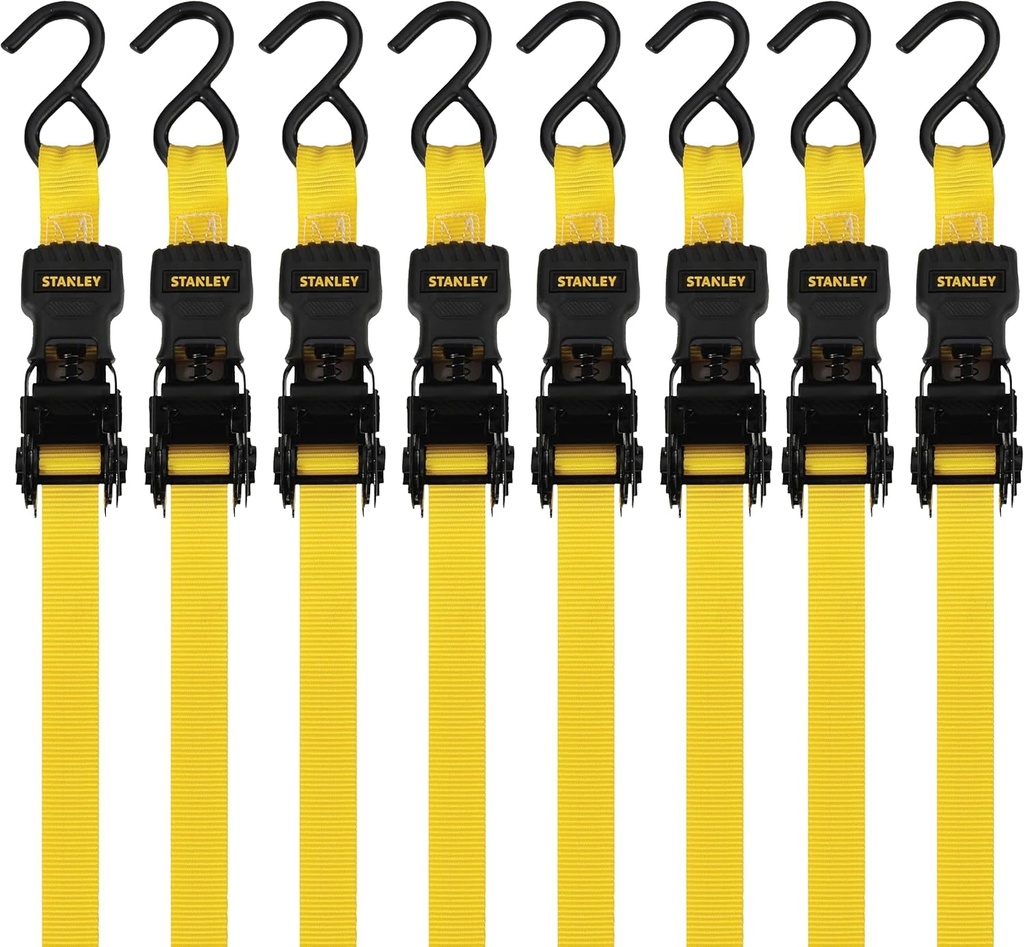 Stanley S1000 Black/Yellow 1" X 10' Ratchet Tie down Straps - Light Cargo Hauling (1,500 Lbs Break Strength), 8 Pack