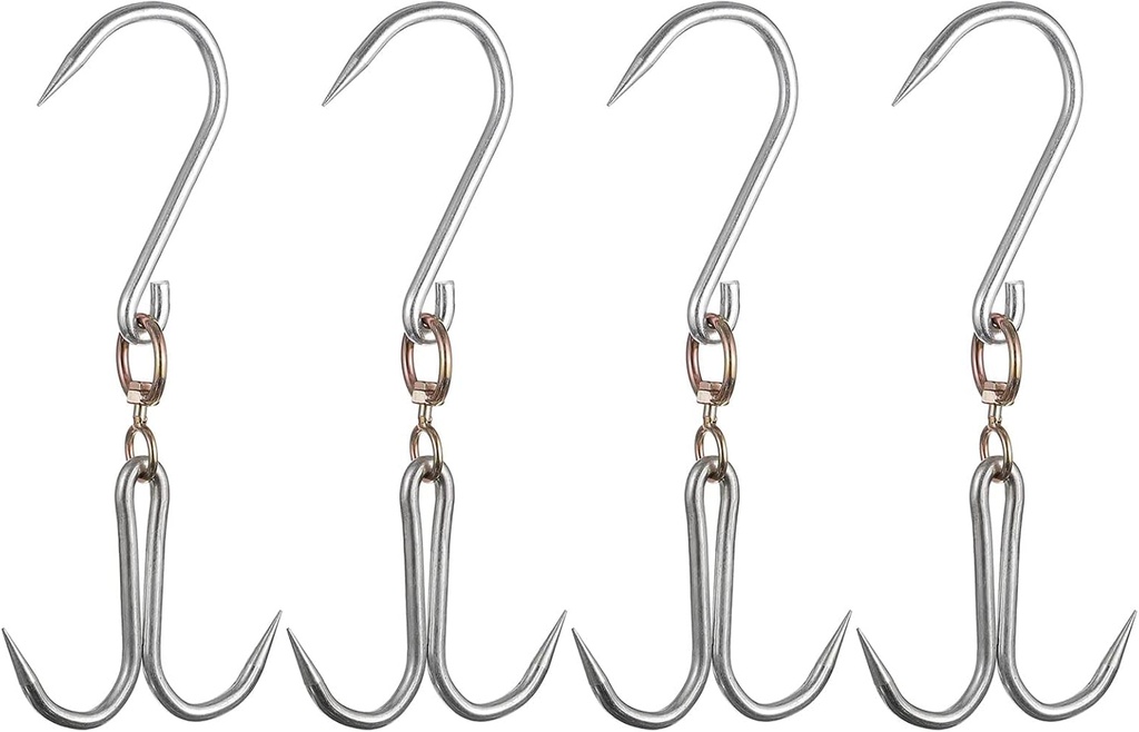 Uxcell 14.5'' Double Meat Hooks, 0.41'' Thickness Galvanized Integrated Swivel Meat Hook for Hanging Drying Smoking Meat Products, 4Pcs