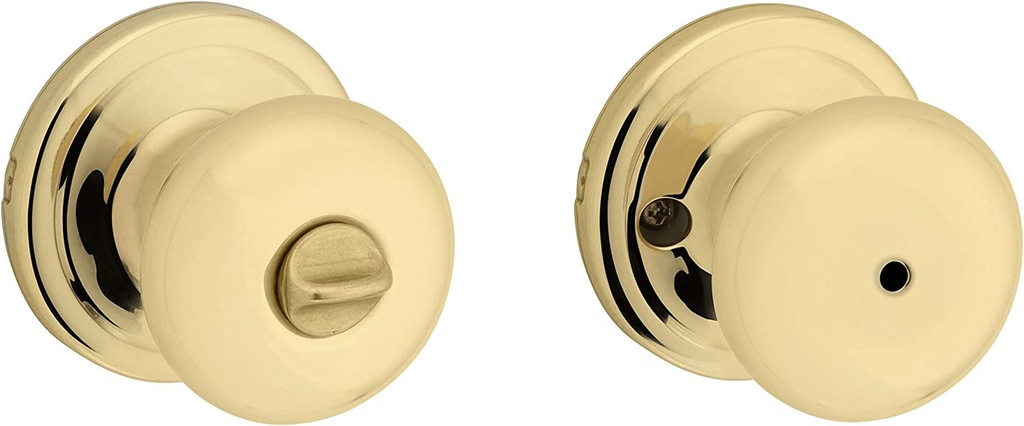 Kwikset Juno Interior Privacy Door Knob with Lock, Door Handle for Bathroom and Bedroom, Polished Brass Keyless Turn Lock Doorknob