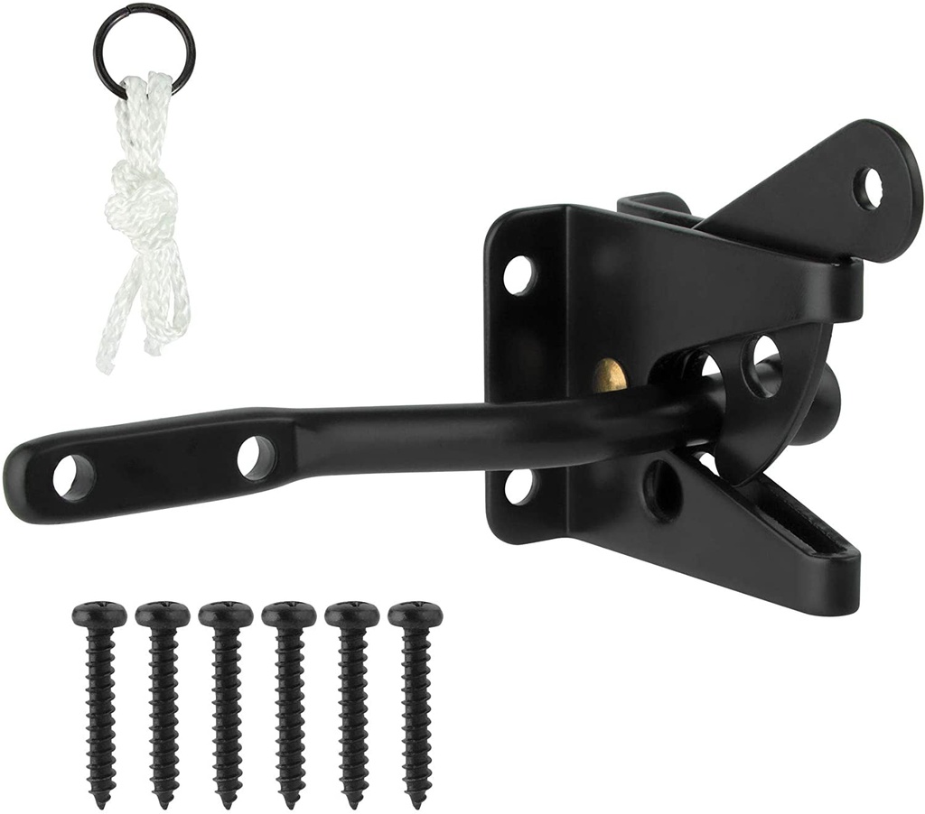 Upgrade Self-Locking Gate Latch for Wooden Fence Heavy Duty, Automatic Gravity Lever Door Latches with Longer Fasteners & Pull String for Secure Pool, Garden, Black Finish/4.7In