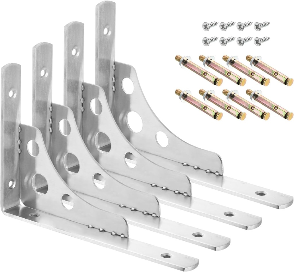Uxcell Shelf Brackets, 4Pcs 8" - Stainless Steel Triangle Side Supporter with Screws, Wall Mounted L Brackets for DIY Floating Table Shelf Storage Rack