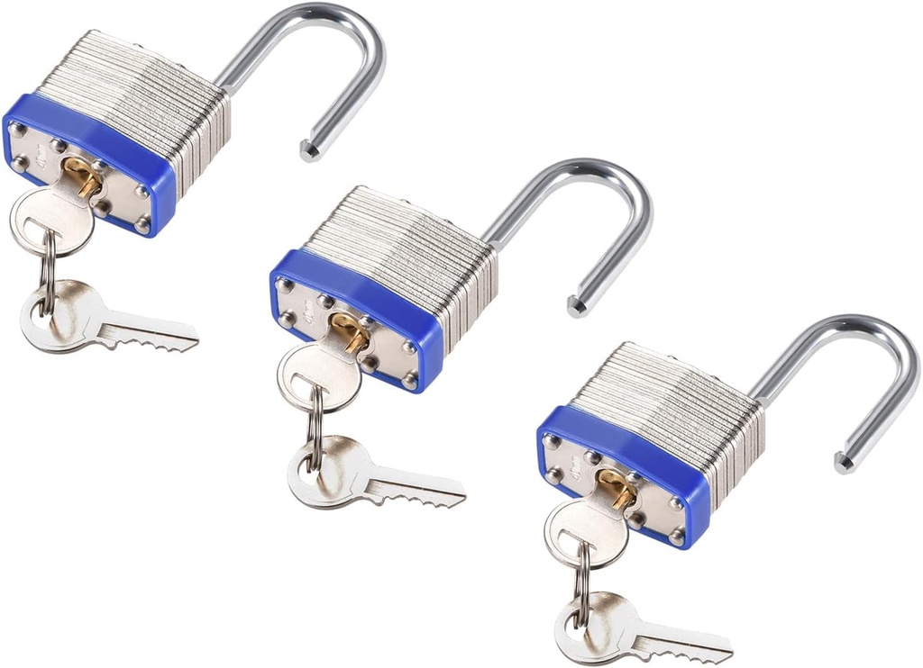 3 Pack Safety Padlock - Industrial Steel Lock, U-Shaped Shackle & Key Different, Apply to Electricity/Hydraulic/Pneumatic Locks (25Mm, Silver Blue)