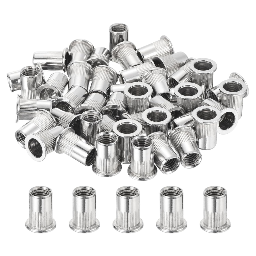 Uxcell 100Pcs Rivet Nuts Flat Head, M10 Stainless Steel 304 Threaded Insert Nuts Knurled Body